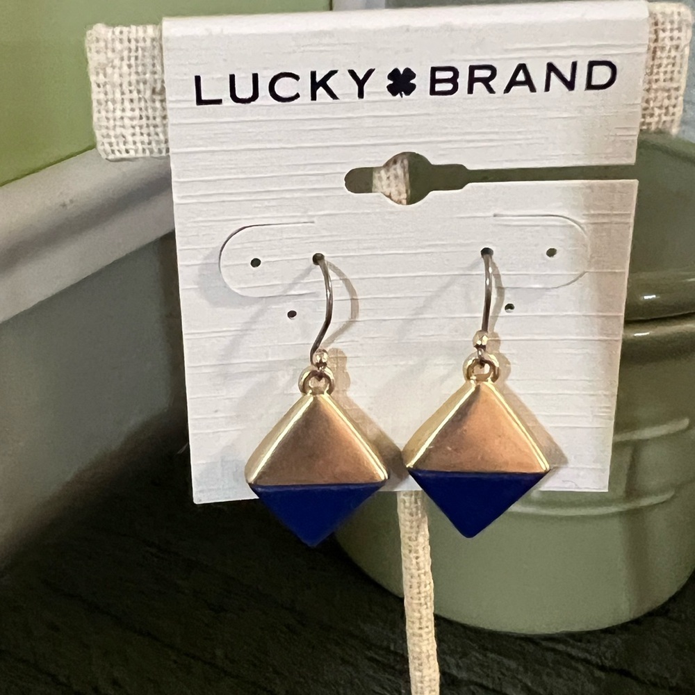 NWT Lucky Brand Gold and Royal Blue Pyramid Drop Earrings #LBER2